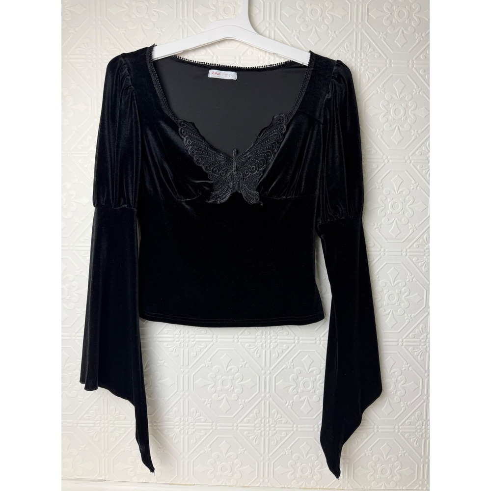 Black Velvet Butterfly Bell Sleeve Top Whimsigoth Fairy Goth 90s Witchy Y2K